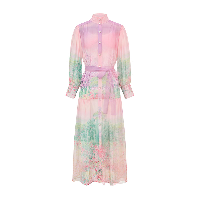 Cstand collar retro lantern sleeve dress