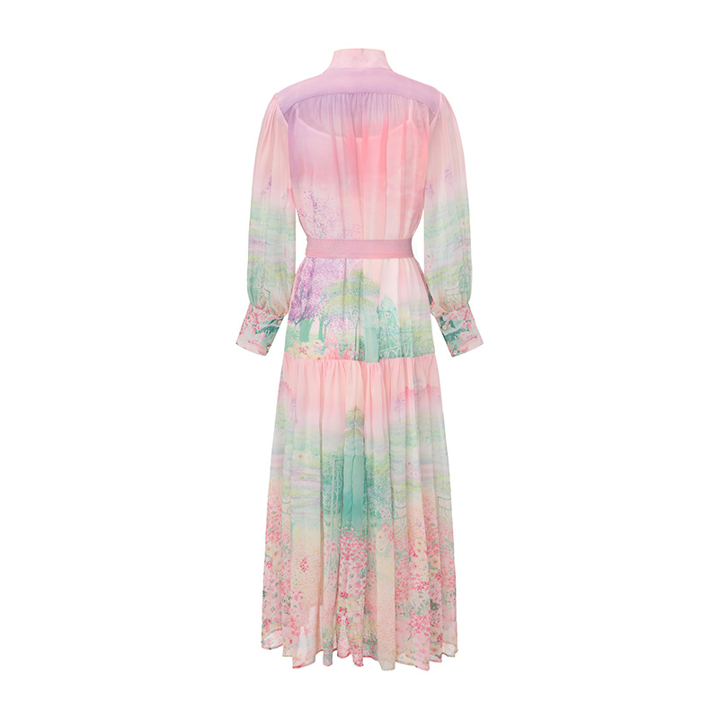 Cstand collar retro lantern sleeve dress