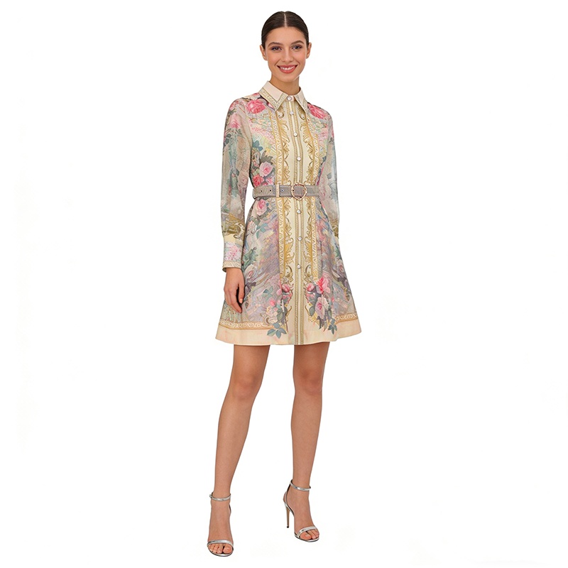 Painting long flowers spring and summer V-neck vacation dress