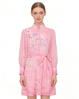 Printing cstand collar painting lantern sleeve dress