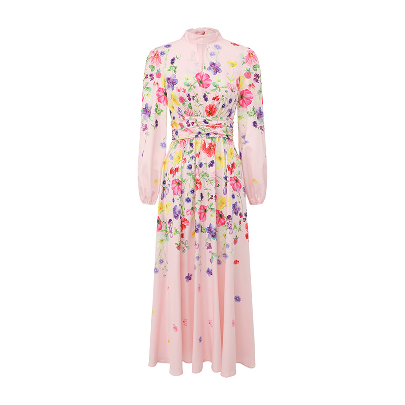 Cstand collar retro printing spring and summer dress