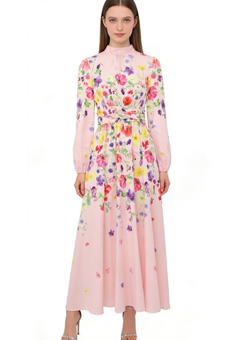 Cstand collar retro printing spring and summer dress