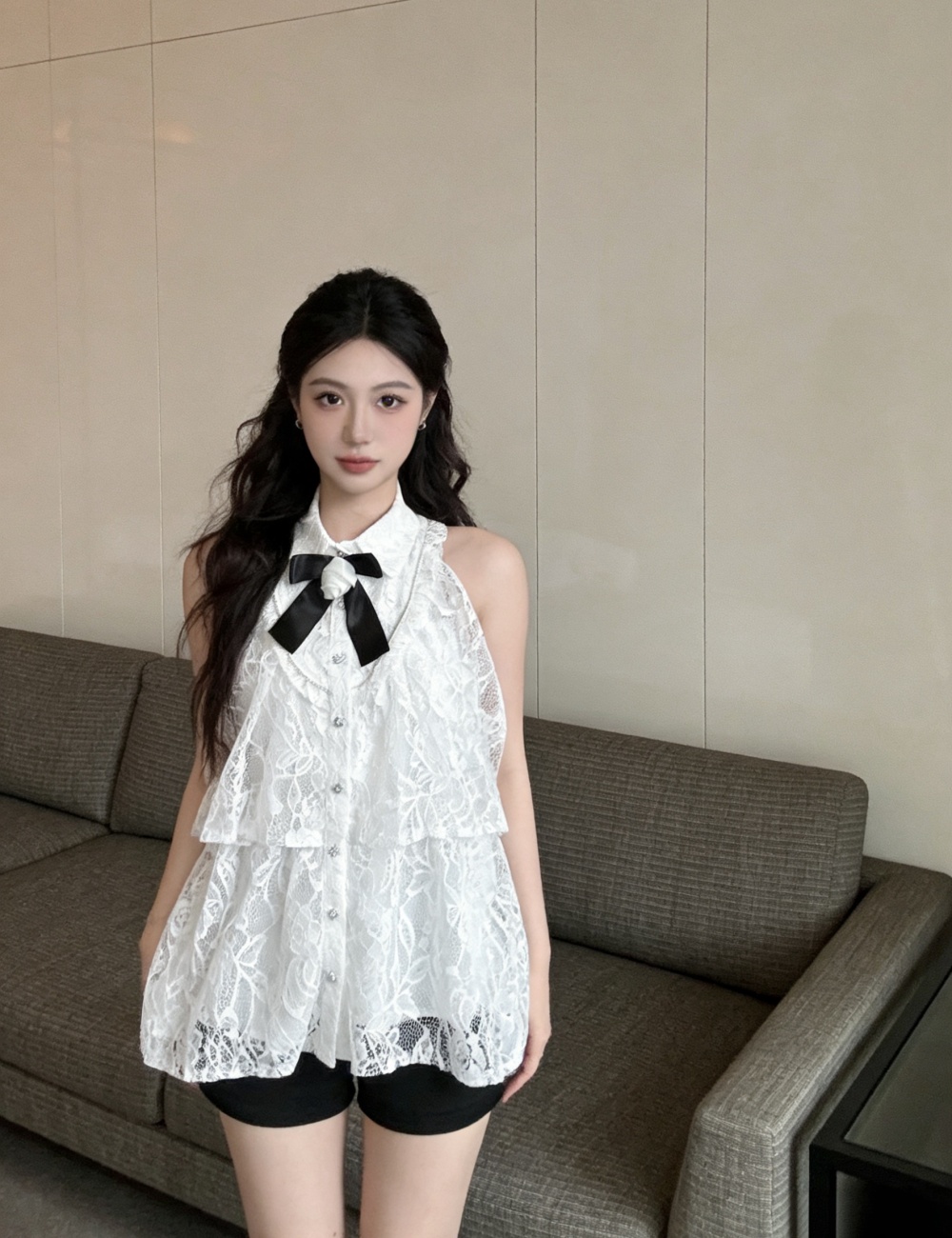 Lace temperament loose shirt collar tops for women