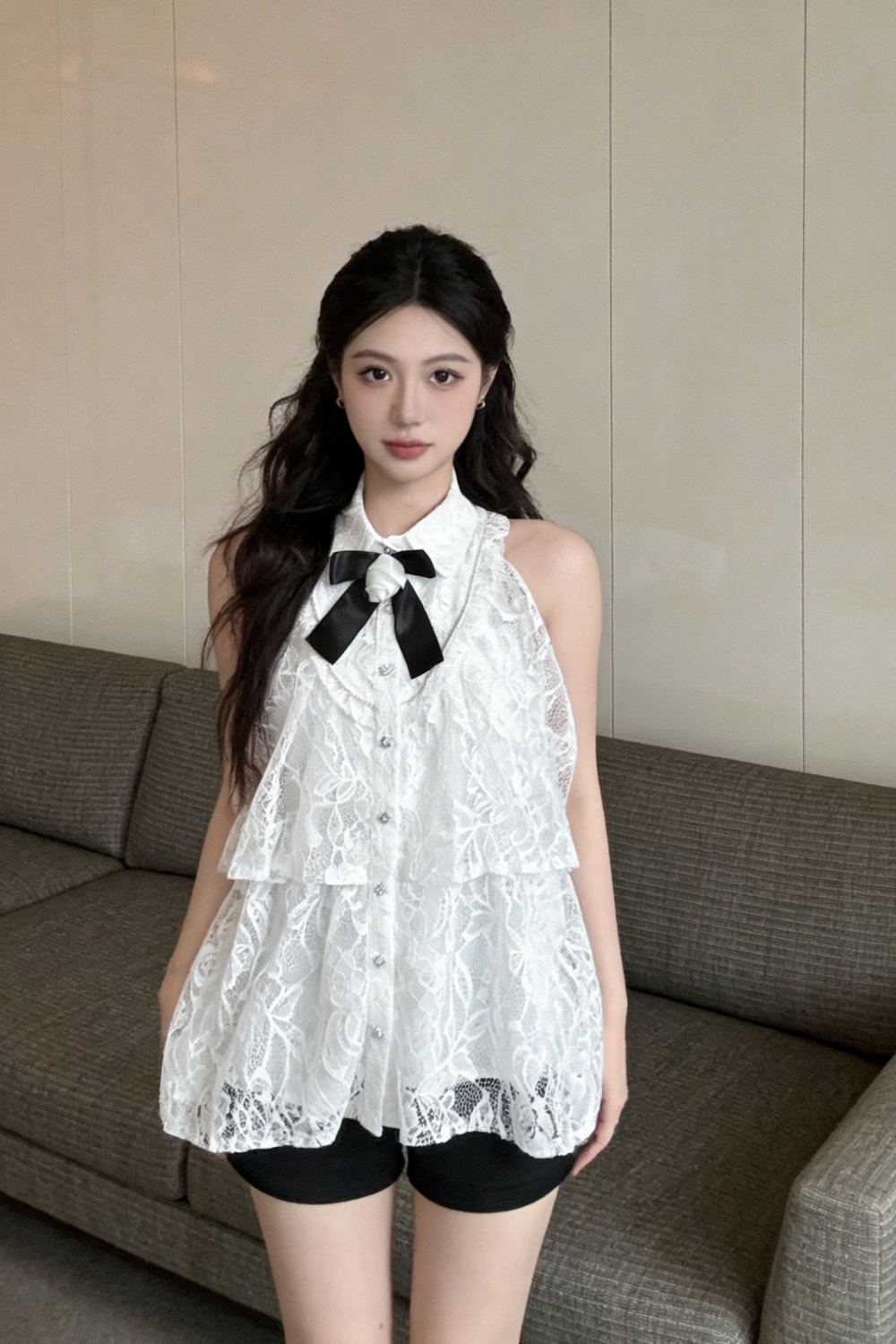 Lace temperament loose shirt collar tops for women