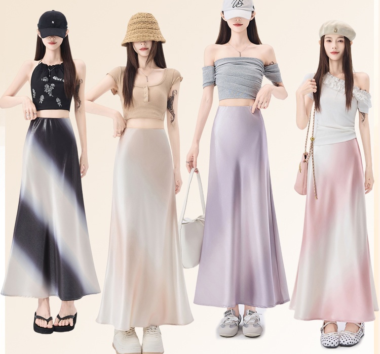 Satin gradient long skirt summer temperament skirt for women