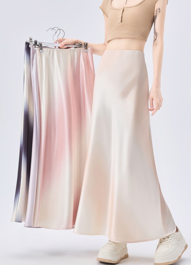 Satin gradient long skirt summer temperament skirt for women