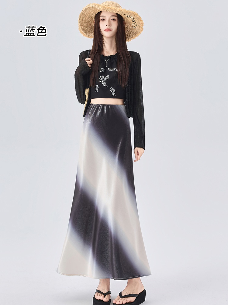 Satin gradient long skirt summer temperament skirt for women