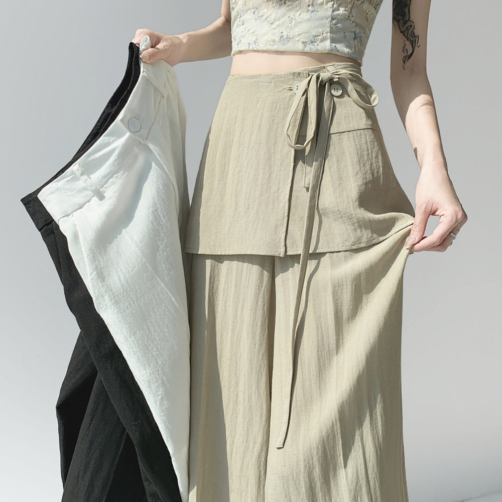 Summer Pseudo-two culottes flax wide leg pants for women