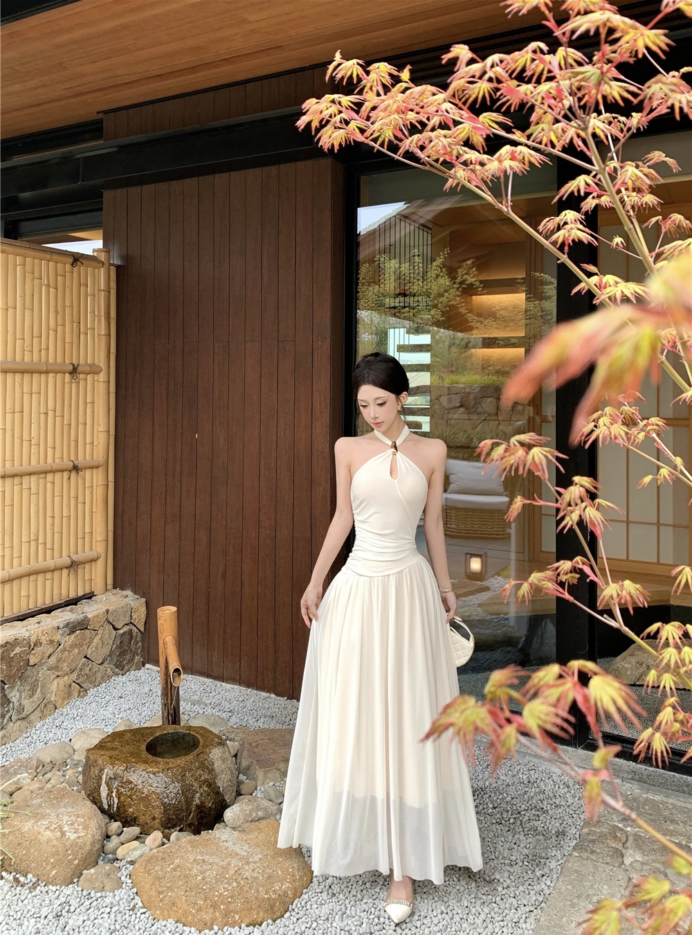 Slim pinched waist long dress halter dress for women