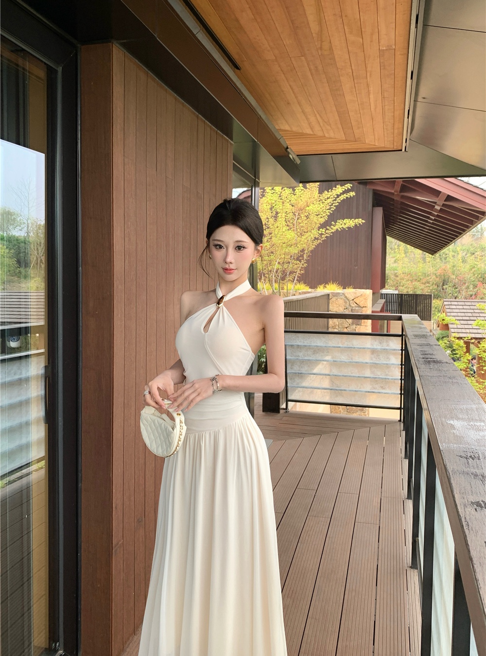 Slim pinched waist long dress halter dress for women