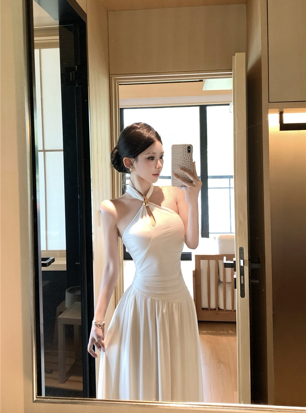 Slim pinched waist long dress halter dress for women