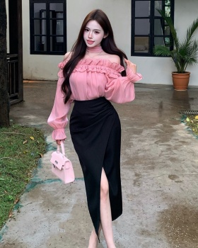 High waist horizontal collar shirt pink France style tops a set