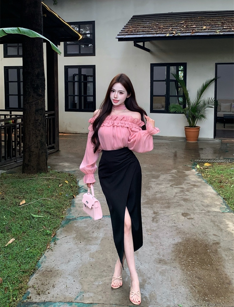 High waist horizontal collar shirt pink France style tops a set