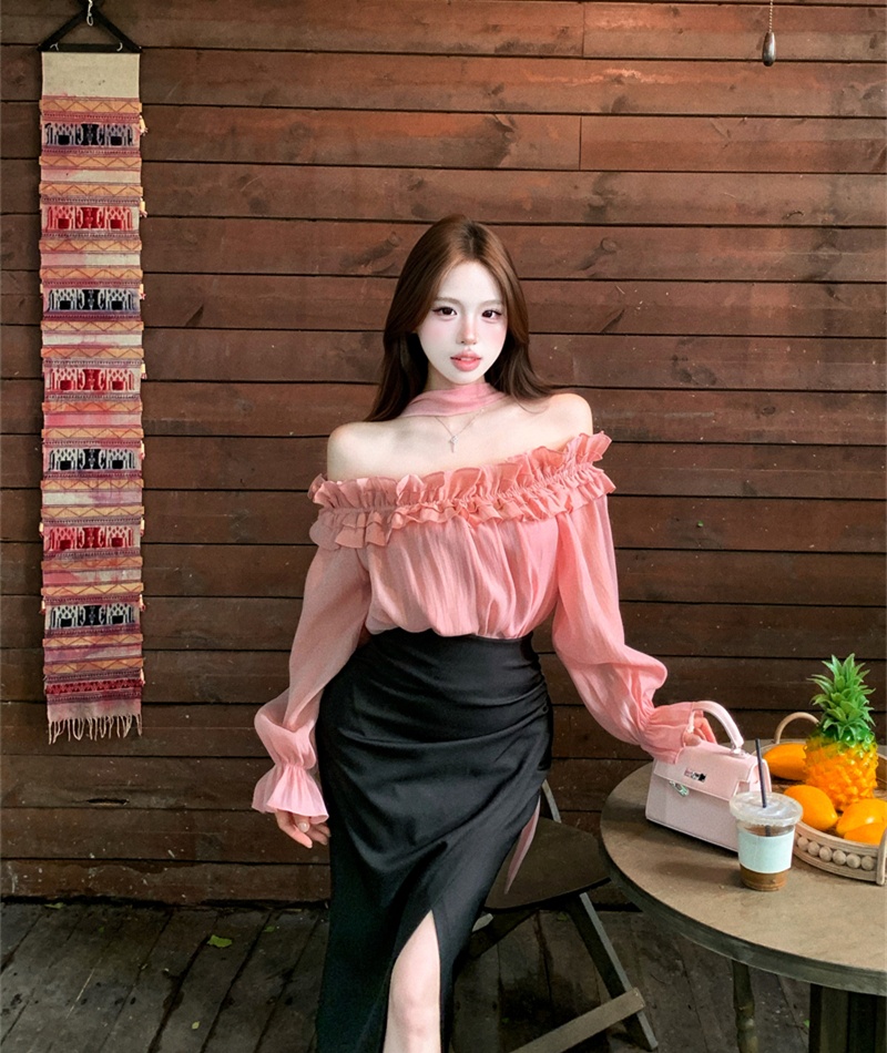 High waist horizontal collar shirt pink France style tops a set