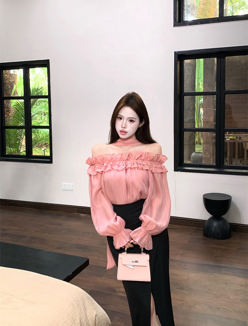 High waist horizontal collar shirt pink France style tops a set