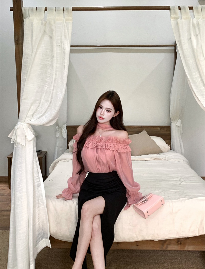 High waist horizontal collar shirt pink France style tops a set