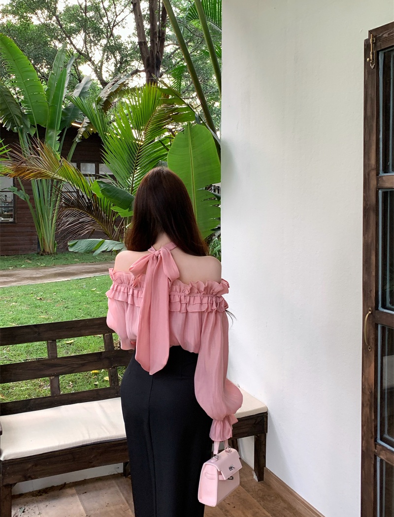 High waist horizontal collar shirt pink France style tops a set