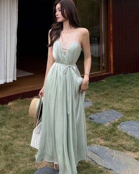 Rhinestone splice temperament dress gauze fold long dress