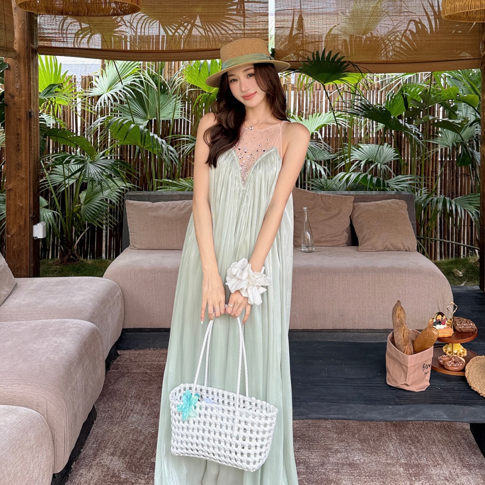 Rhinestone splice temperament dress gauze fold long dress