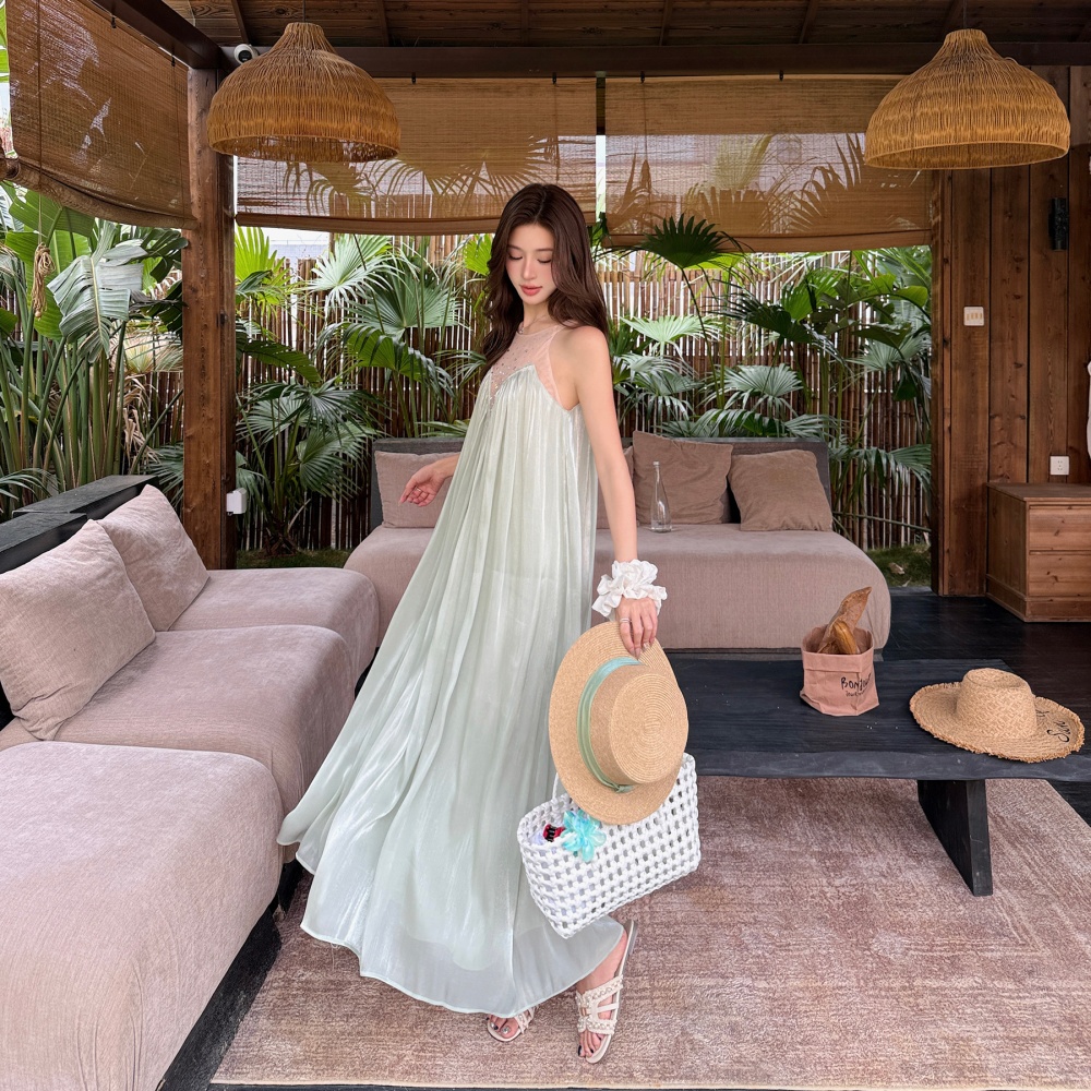 Rhinestone splice temperament dress gauze fold long dress