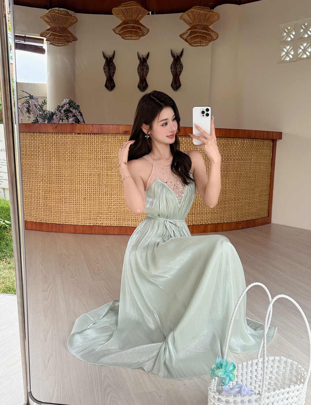 Rhinestone splice temperament dress gauze fold long dress