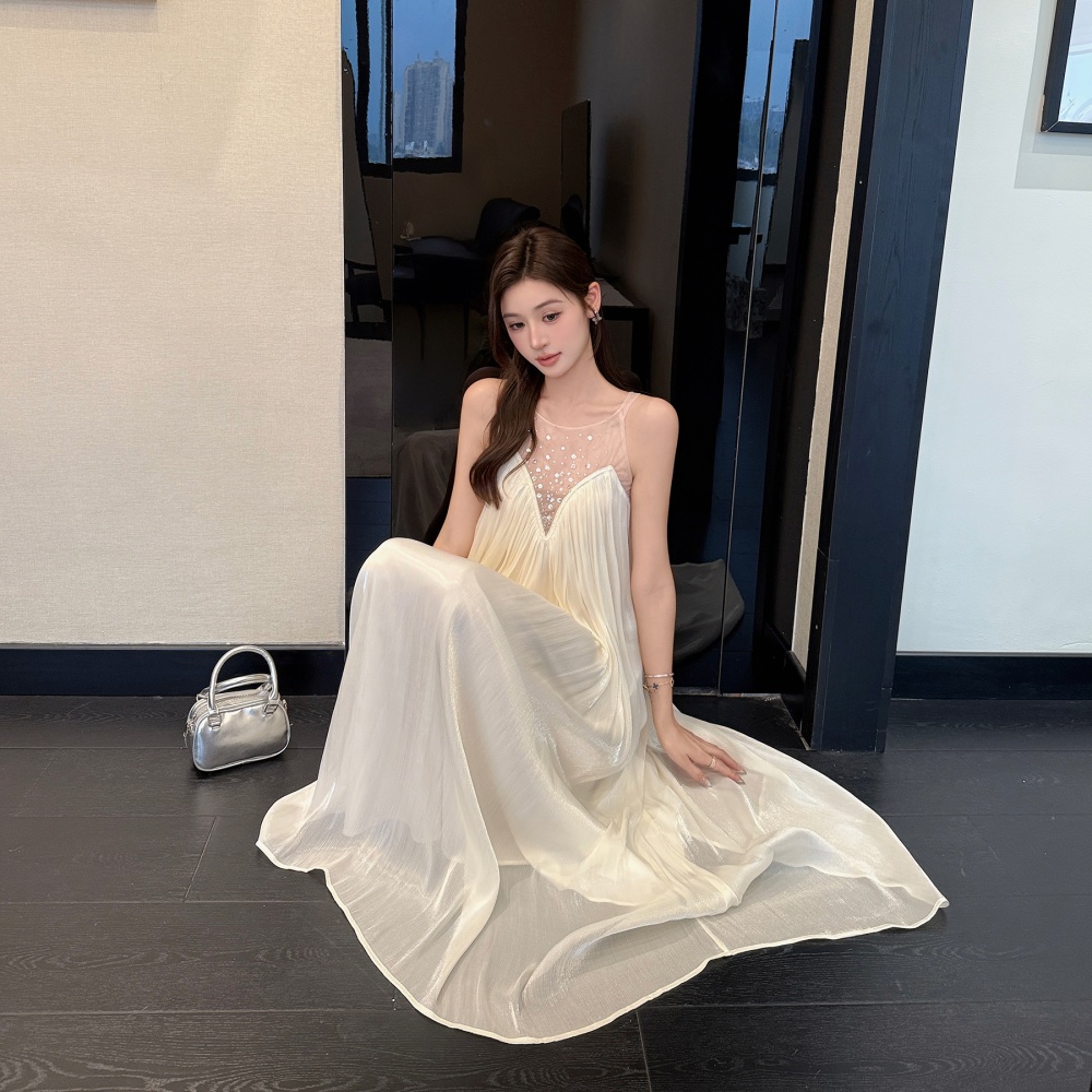 Rhinestone splice temperament dress gauze fold long dress