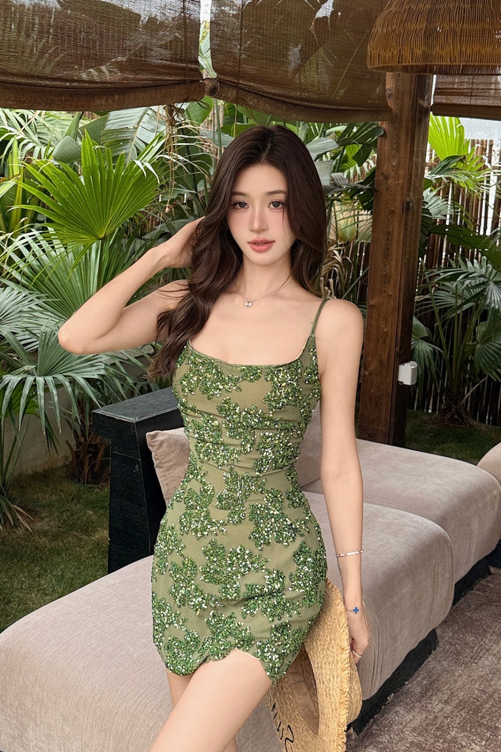 Package hip summer sequins vacation sling sexy dress for women
