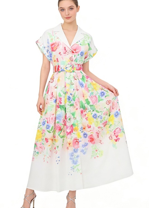 Long painting spring and summer flowers dress