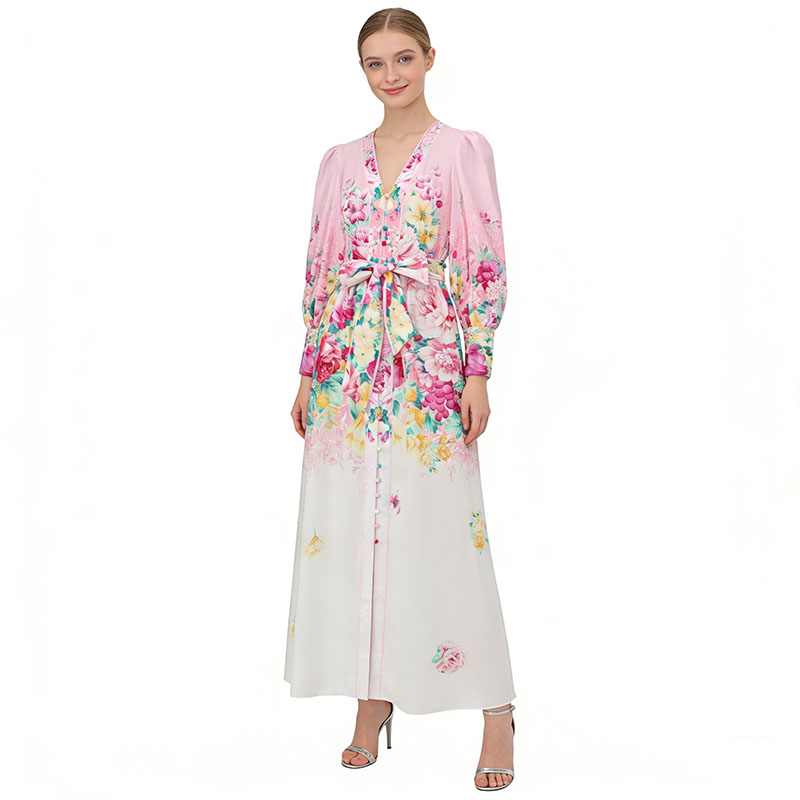 Long painting V-neck flowers spring and summer dress
