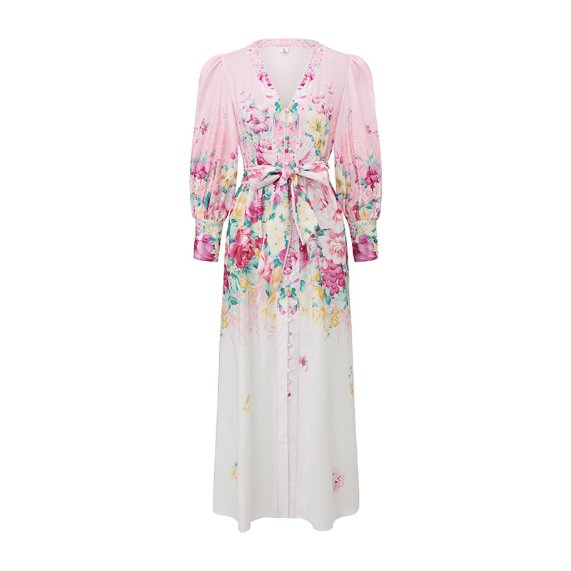 Long painting V-neck flowers spring and summer dress