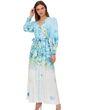 Spring and summer long sleeve painting long flowers dress