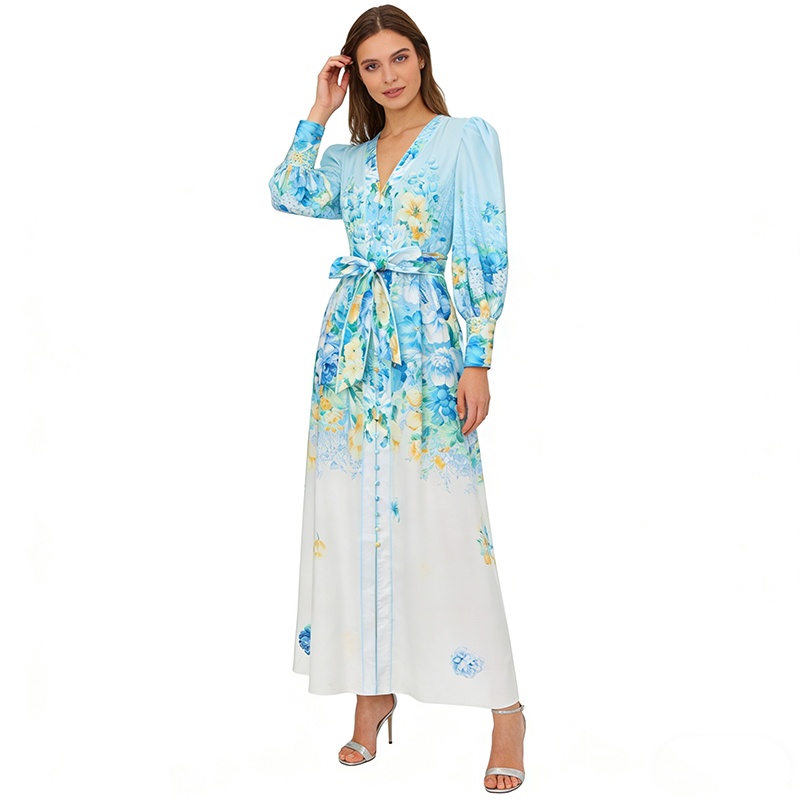 Spring and summer long sleeve painting long flowers dress