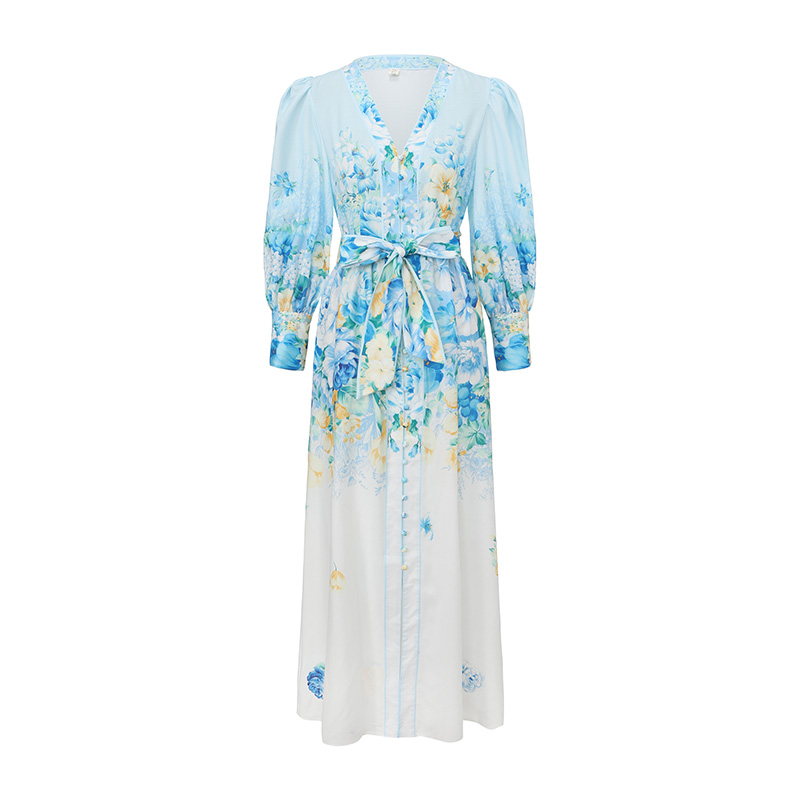 Spring and summer long sleeve painting long flowers dress