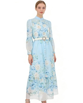 Spring printing retro painting cstand collar long dress
