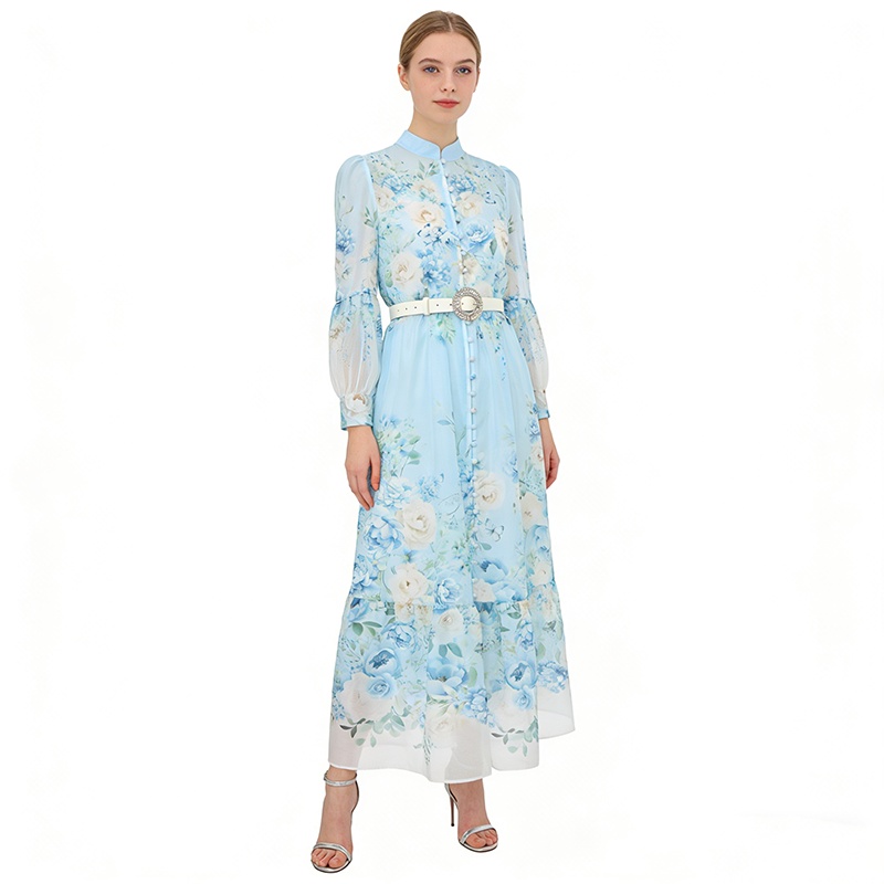 Spring printing retro painting cstand collar long dress