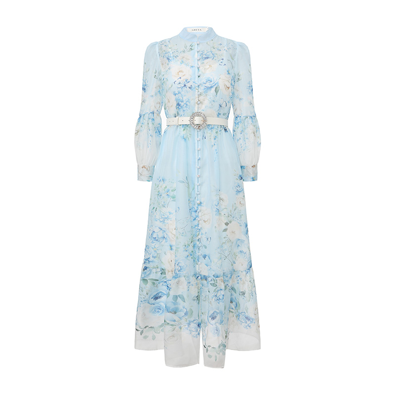 Spring printing retro painting cstand collar long dress