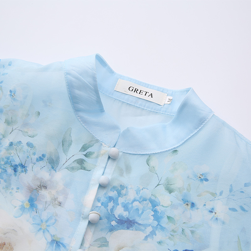 Spring printing retro painting cstand collar long dress