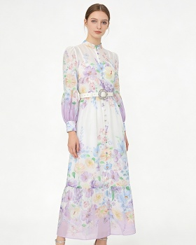 Long sleeve spring long cstand collar painting printing dress