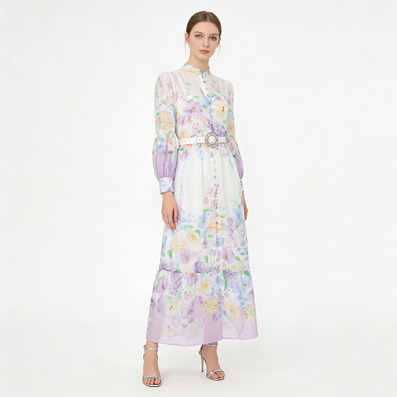 Long sleeve spring long cstand collar painting printing dress