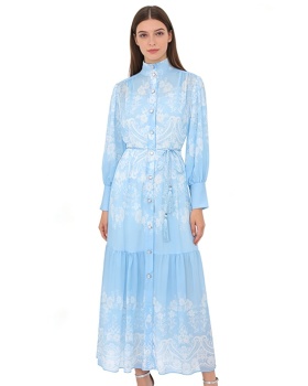 Lantern sleeve printing cstand collar painting dress