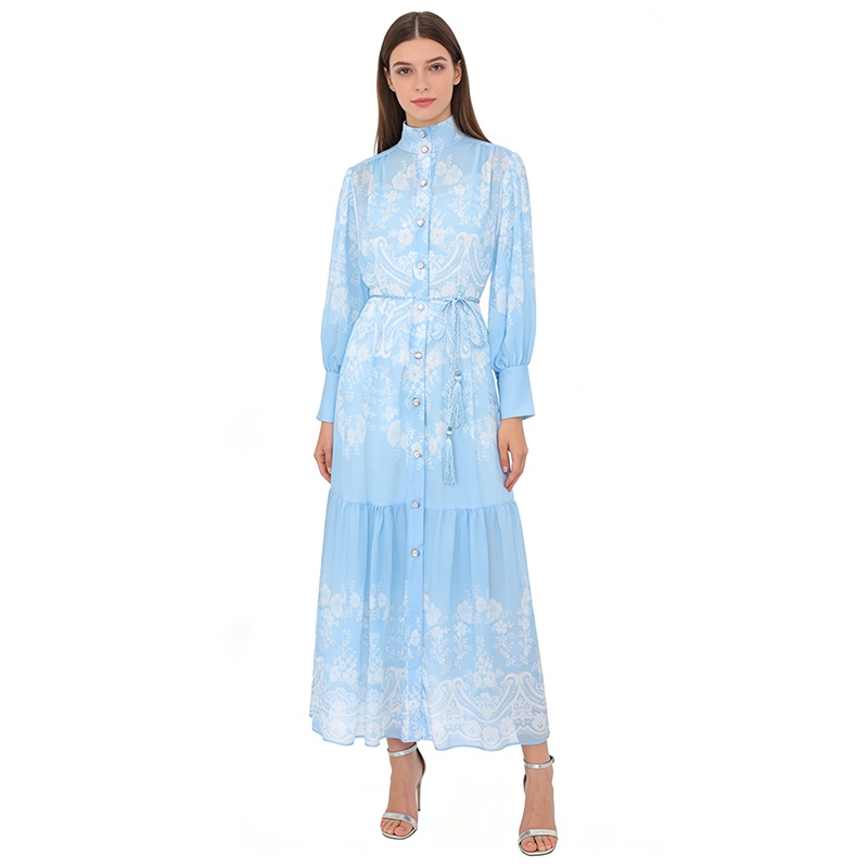 Lantern sleeve printing cstand collar painting dress