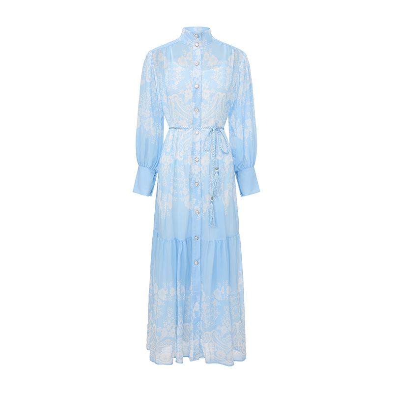 Lantern sleeve printing cstand collar painting dress