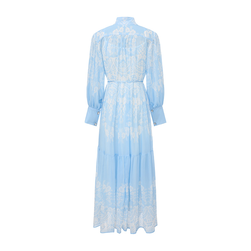 Lantern sleeve printing cstand collar painting dress