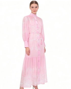 Cstand collar retro spring and summer printing dress