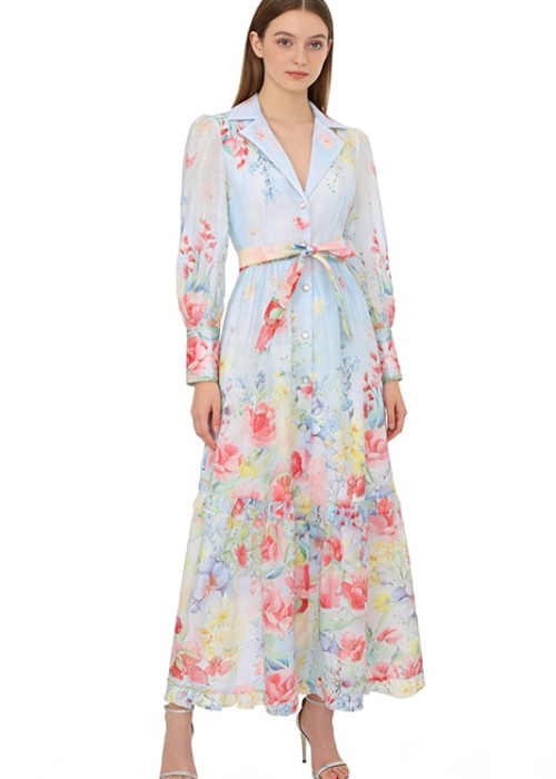 Spring and summer flowers shirt watercolor long dress