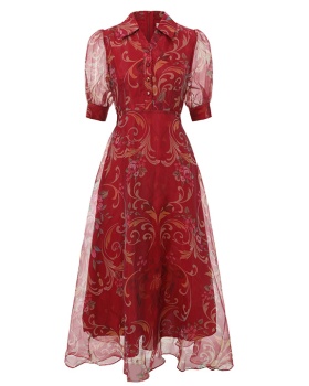 Classical spring short sleeve printing retro dress