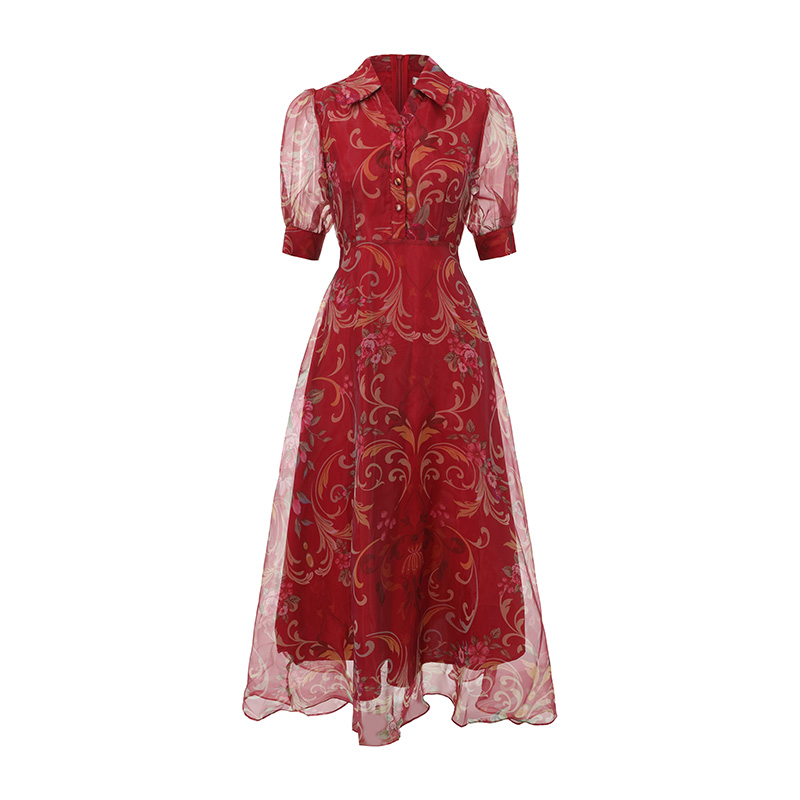 Classical spring short sleeve printing retro dress