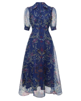 Short sleeve retro spring classical printing lapel dress