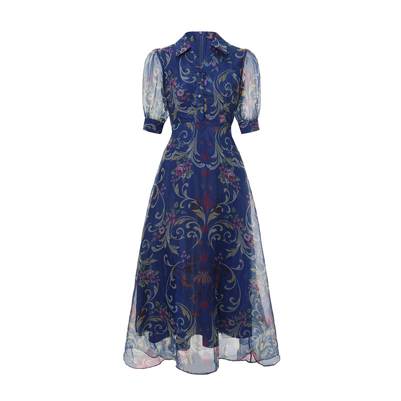 Short sleeve retro spring classical printing lapel dress