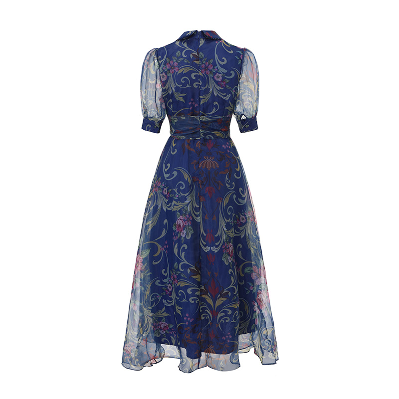 Short sleeve retro spring classical printing lapel dress